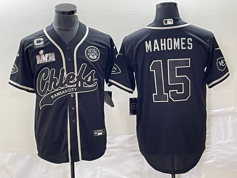 Men’s Kansas City Chiefs #15 Patrick Mahomes Black With 4-star C Patch And Super Bowl LVII Patch Cool Bae Stitched Baseball Jersey